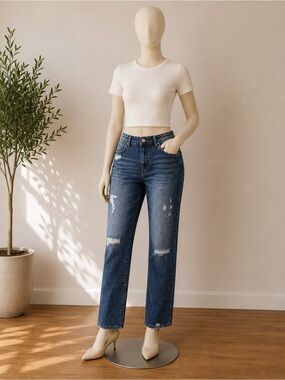 Distressed Dark Blue Denim Jeans